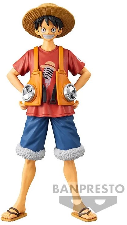 Figurine Banpresto (DXF Grandline Men) One Piece : Monkey D. Luffy dans sa tenue de One Piece Red, le grand sourire et les mains sur les hanches [16cm]