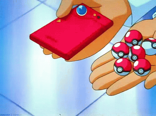 Pokéballs et Pokédex tendus dans les mains (Pokémon)