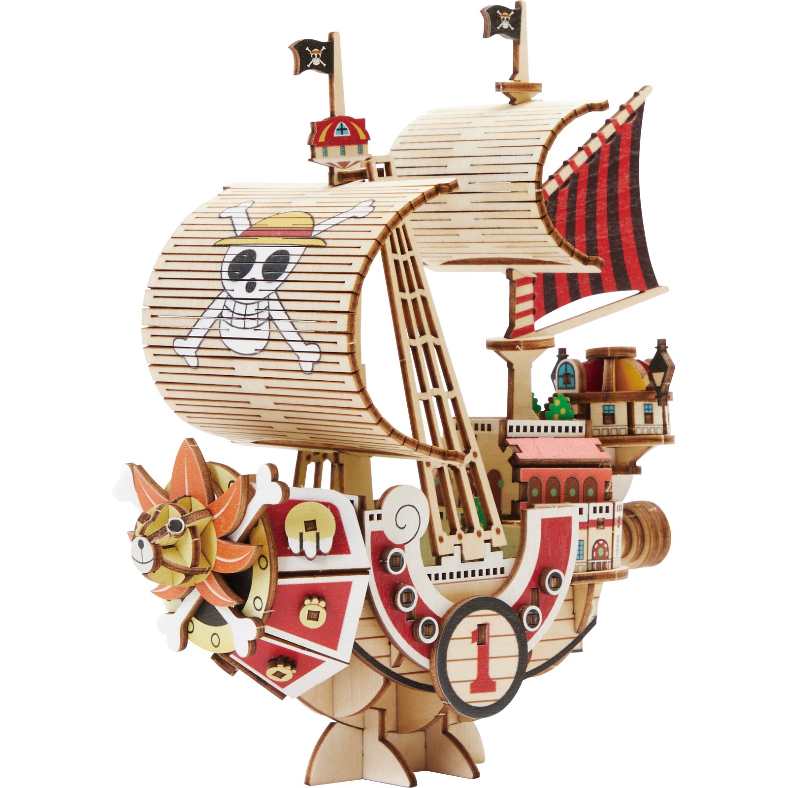 Kit de construction "Book Nook" Wa-Gu-Mi inspiré de One Piece – Représentation miniature du bateau Thousand Sunny à insérer entre des livres, parfait pour les fans de l’univers manga. Détails en bois découpé, assemblage DIY sans colle.