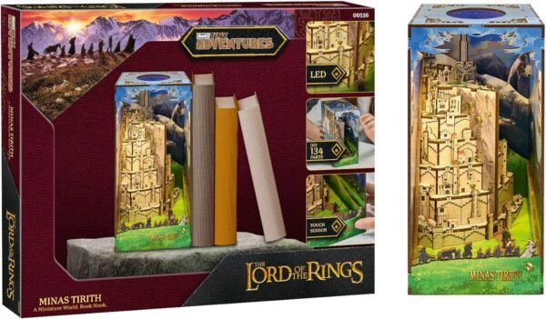 Kit "Book Nook" Le seigneur des anneaux : Minas Tirith avec éclairage Led Intégré avec capteur tactile marche / arrêt [Kit à construire, 134 pièces, Matériaux : bois premium en découpe laser de haute précision, fonctionne avec 2 piles AAA non fournies, Dimensions : 230*180*110 mm]