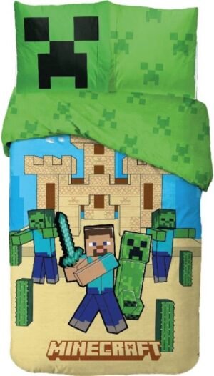 Parure de lit une place Minecraft [100% coton, Housse de couette 140x200cm +Taie 63×63, lavable]