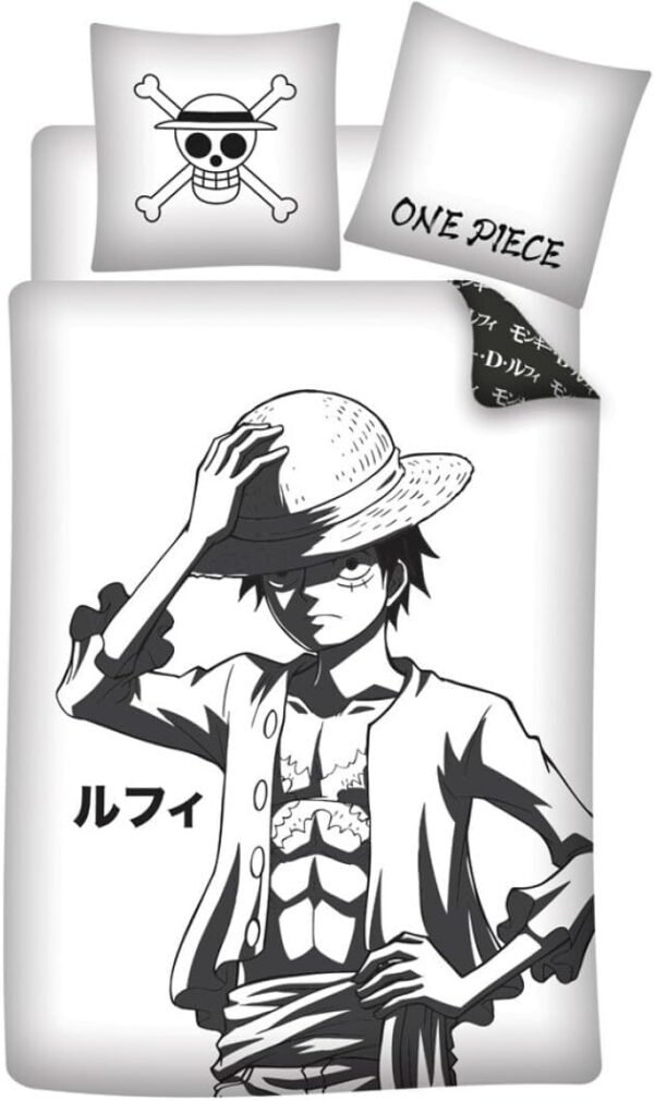 Parure réversible 1 place One PIece : Luffy [Housse de couette 140x200cm +Taie 65x65, 100% coton]