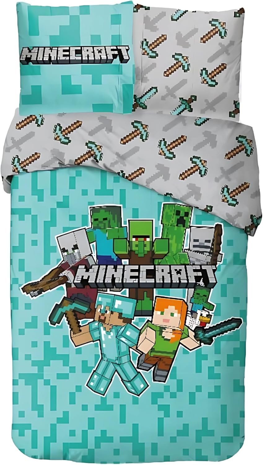Parure de lit une place Minecraft [100% coton, Housse de couette 140x200cm +Taie 63x63