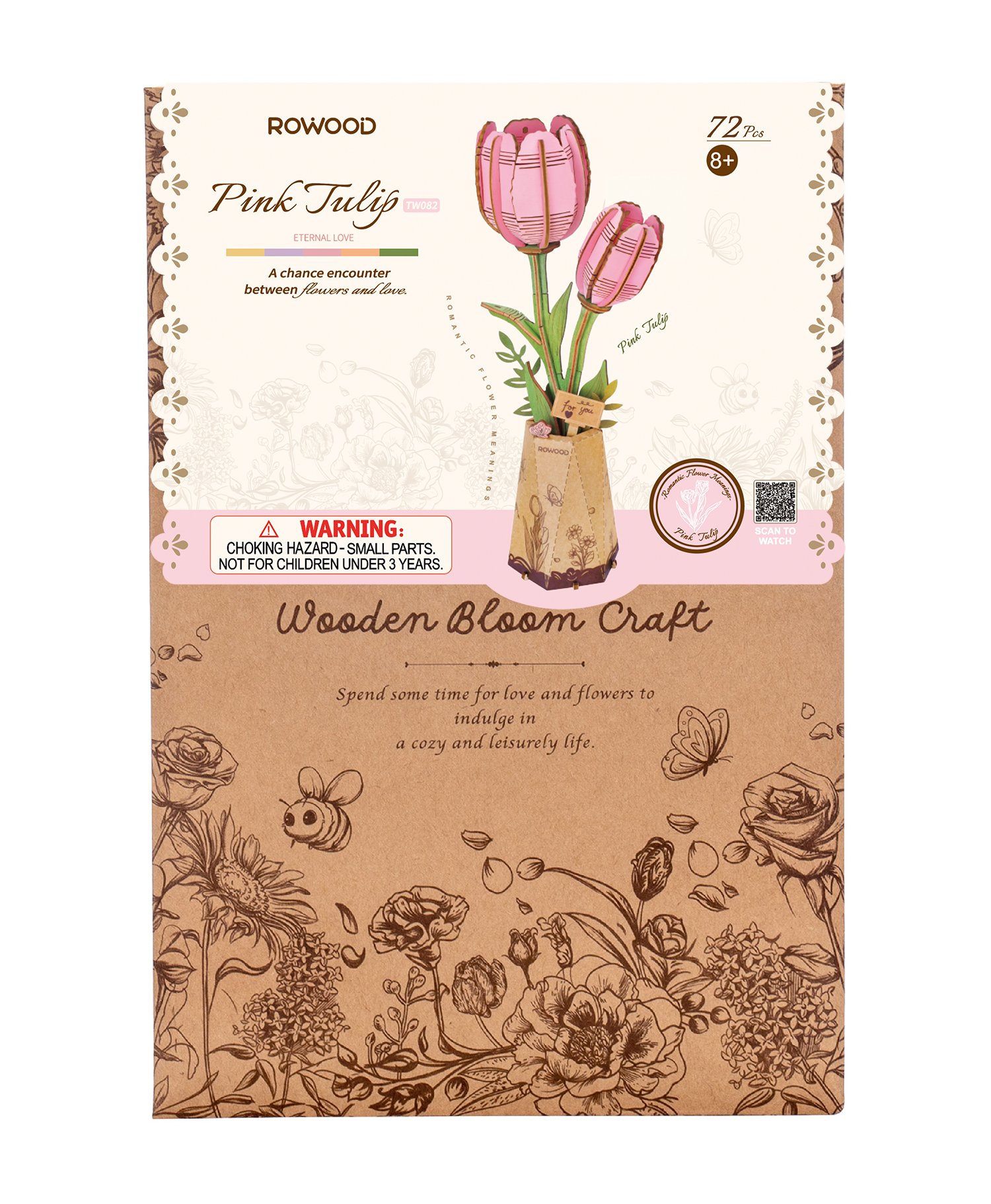 Kit "Book Nook" Bouquet de fleur + vase : Tulipe Rose [Kit à construire, 72 pièces, Matériaux : c